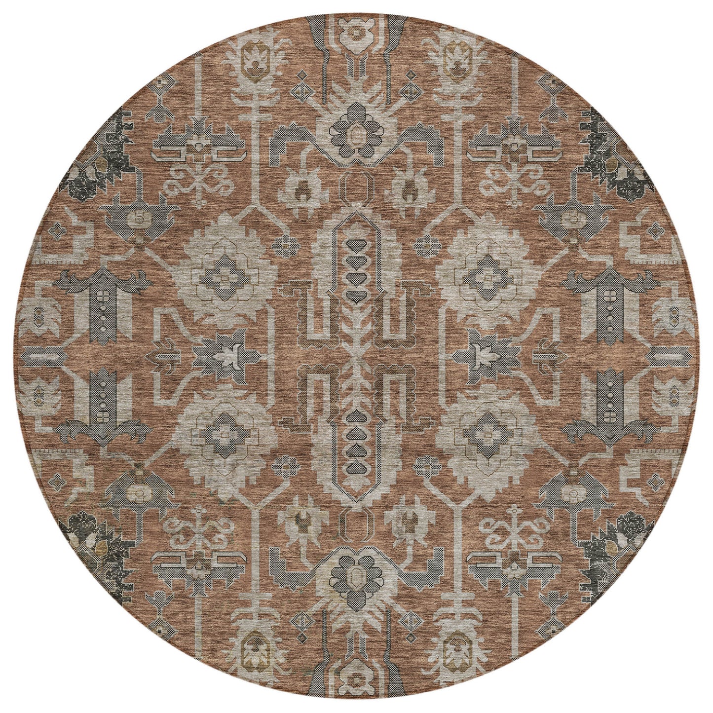 8' Brown Gray And Charcoal Round Oriental Washable Indoor Outdoor Area Rug-1