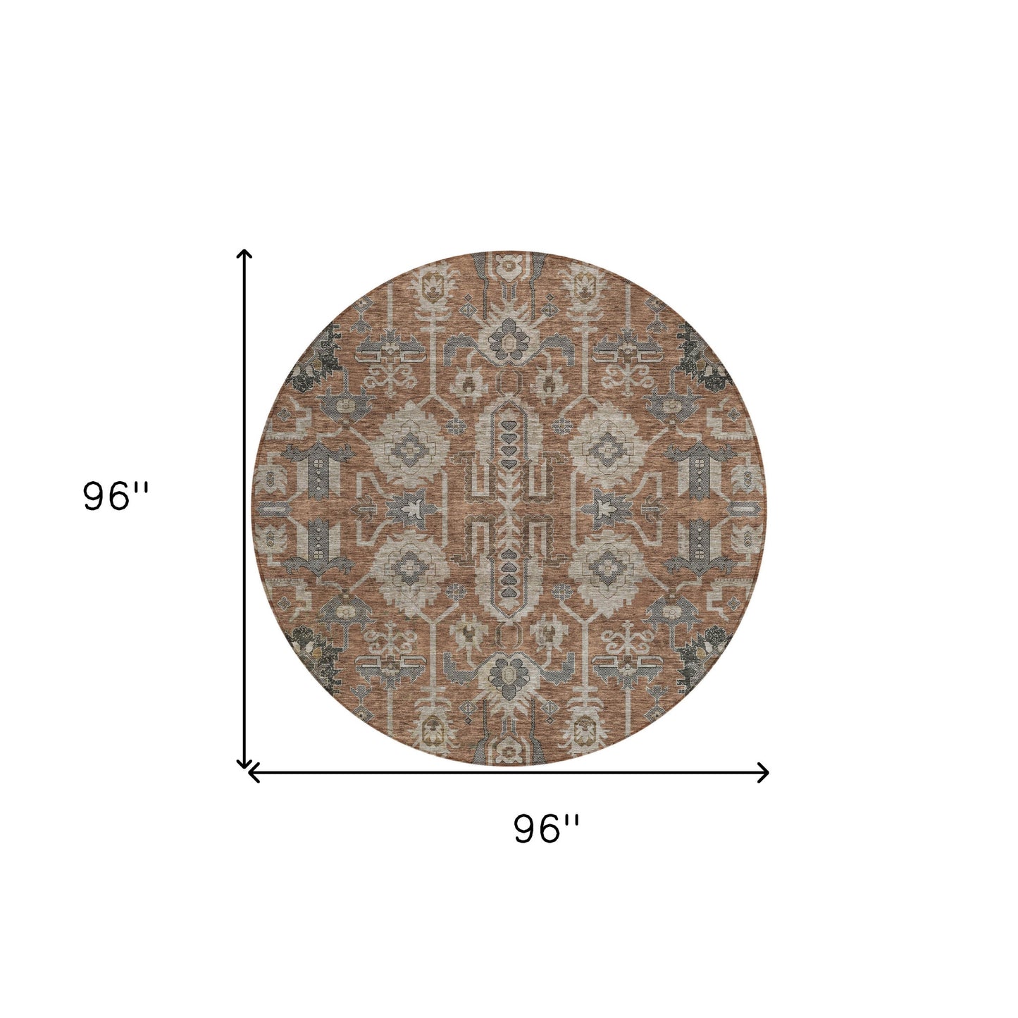 8' Brown Gray And Charcoal Round Oriental Washable Indoor Outdoor Area Rug-2