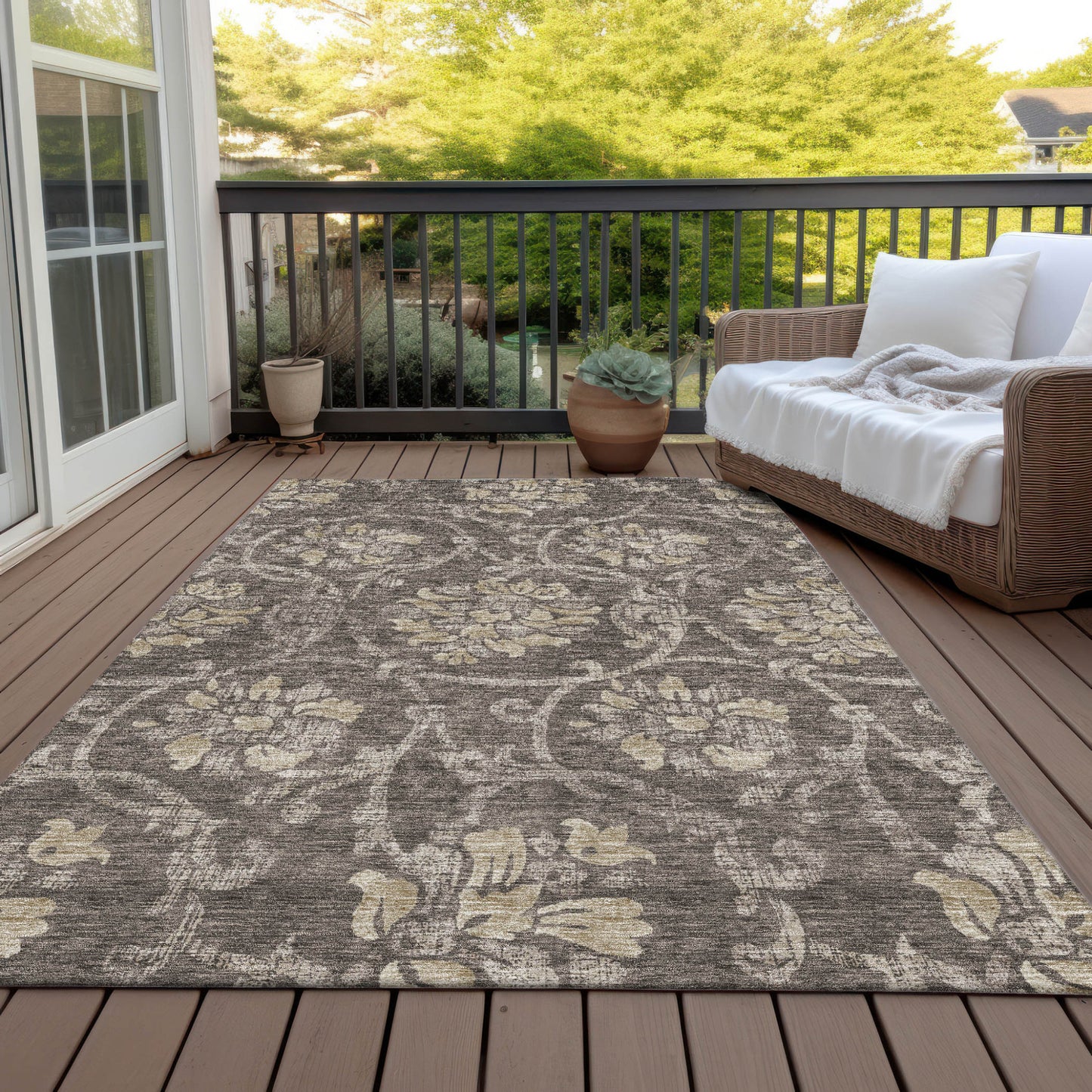 10' X 14' Brown Beige And Taupe Floral Washable Indoor Outdoor Area Rug-7
