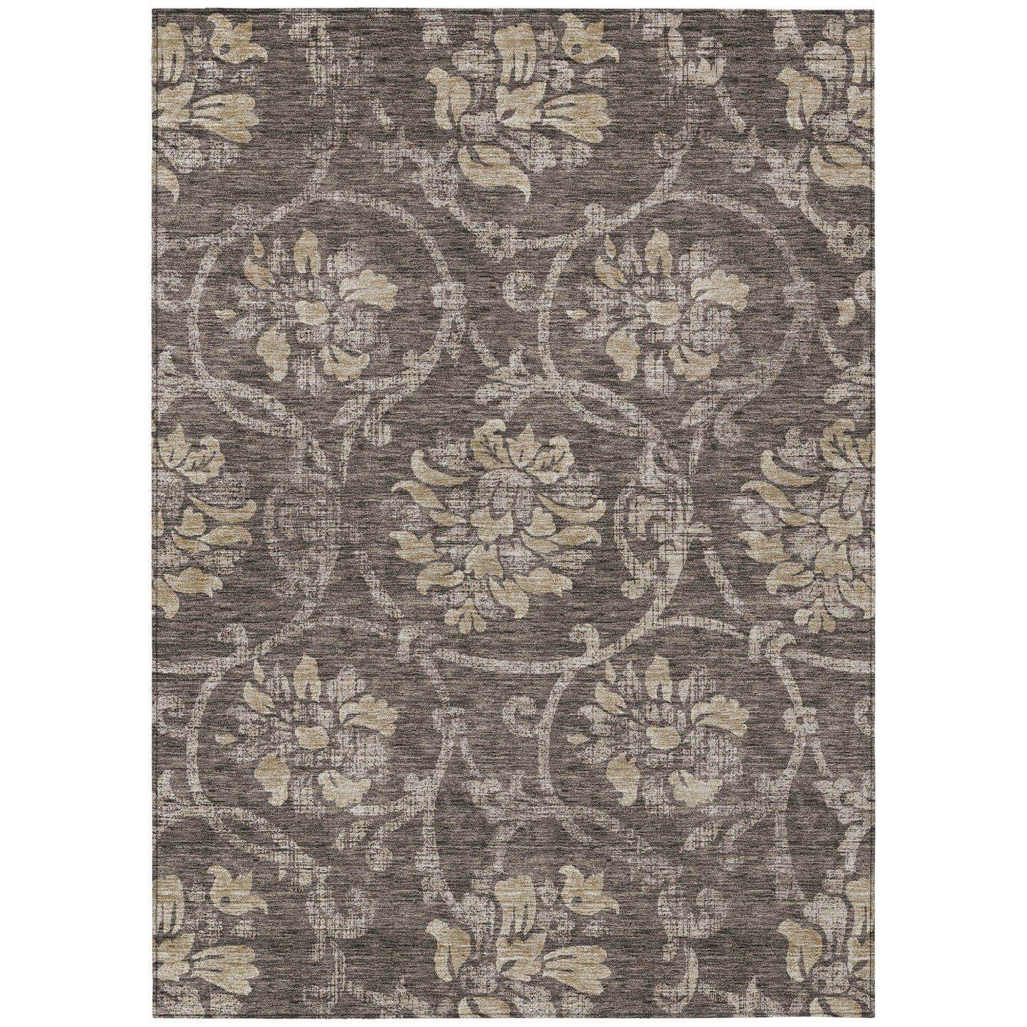 10' X 14' Brown Beige And Taupe Floral Washable Indoor Outdoor Area Rug-1