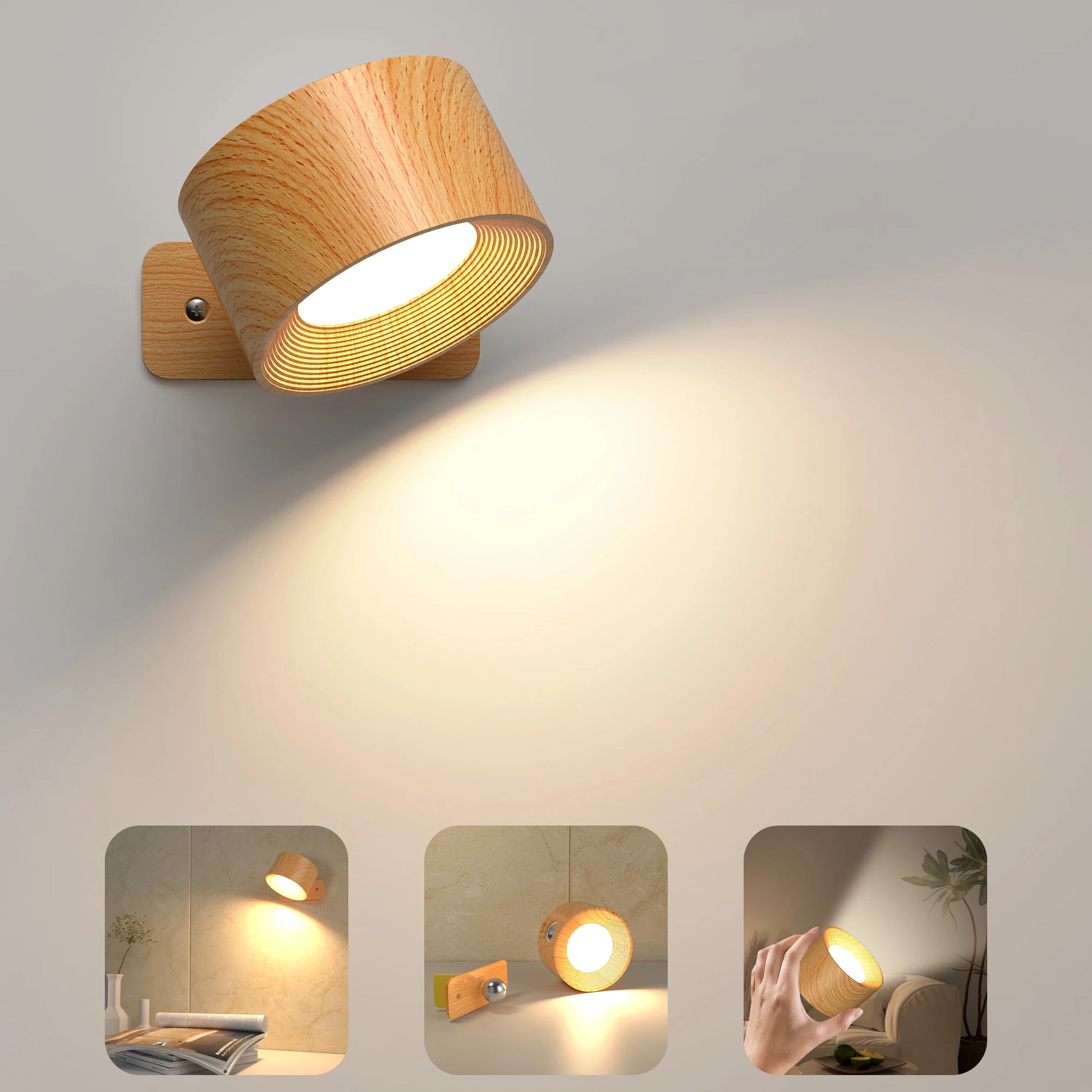 Wooden LED Wall Sconce with 360° Rotation, Dimmable Magnetic Touch Control, and Rechargeable Battery Operation
