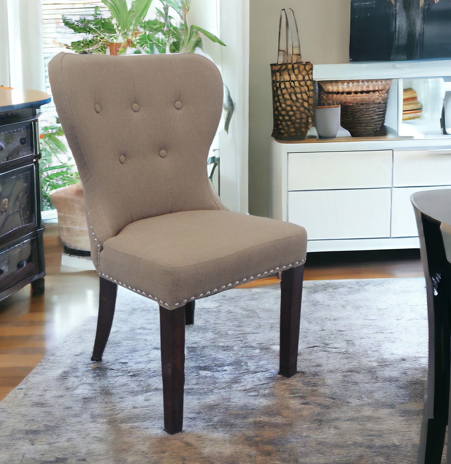 32" Taupe And Dark Brown Linen Tufted Side Chair-1
