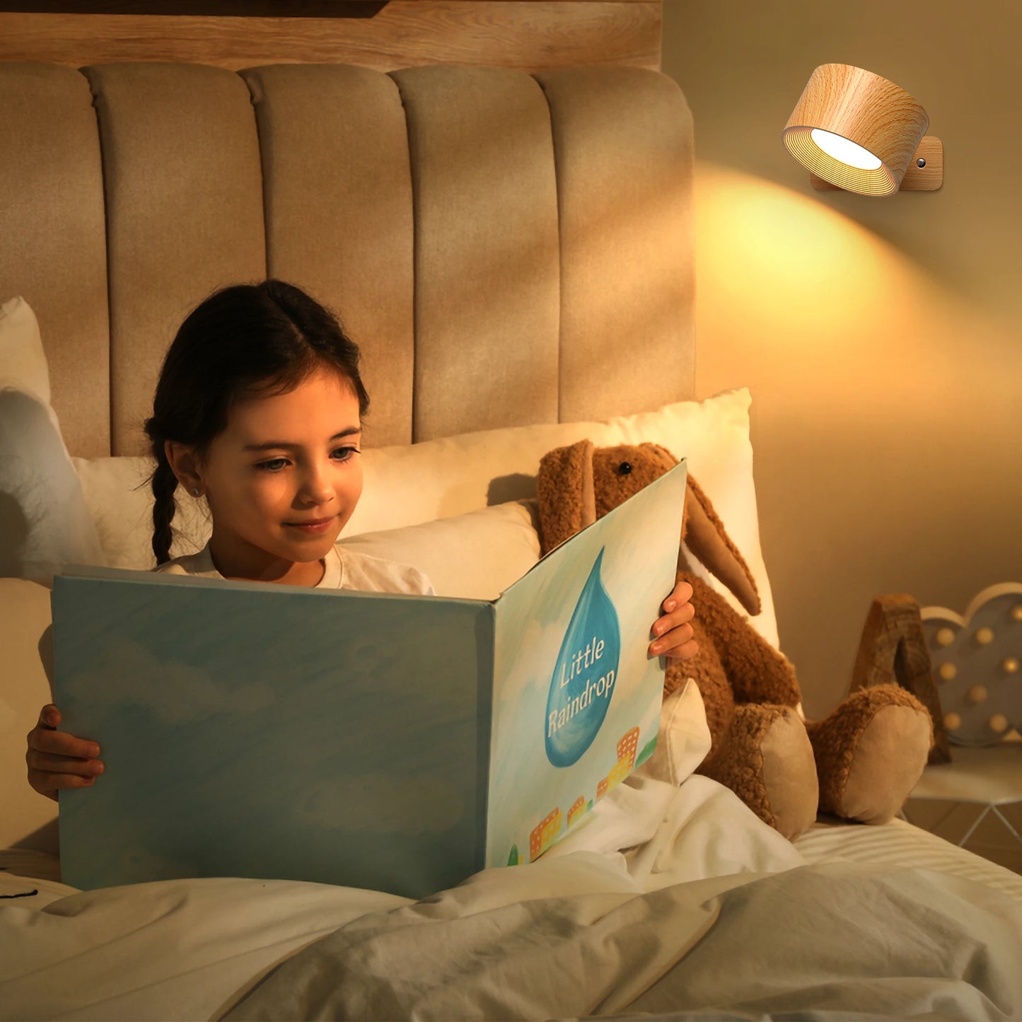 Wooden LED Wall Sconce with 360° Rotation, Dimmable Magnetic Touch Control, and Rechargeable Battery Operation