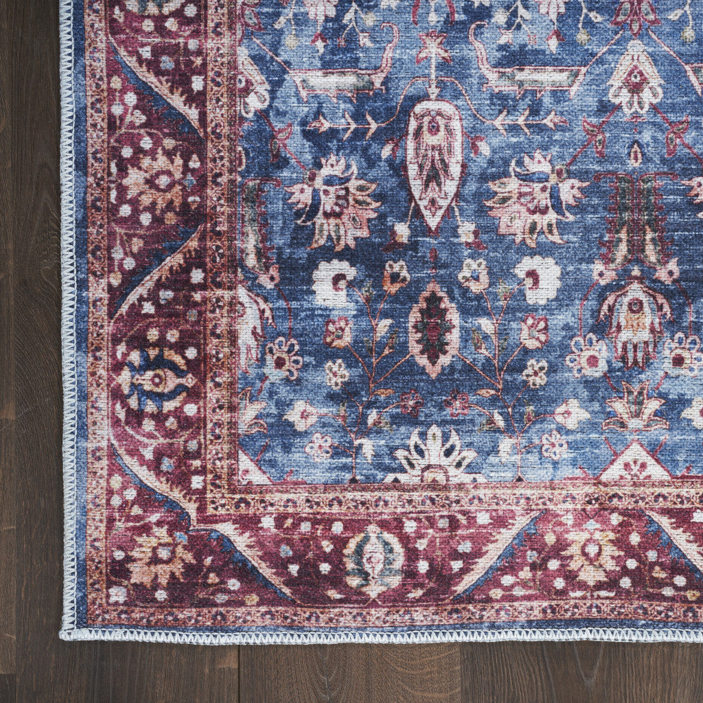 5' X 7' Blue and Red Oriental Power Loom Distressed Washable Non Skid Area Rug-4