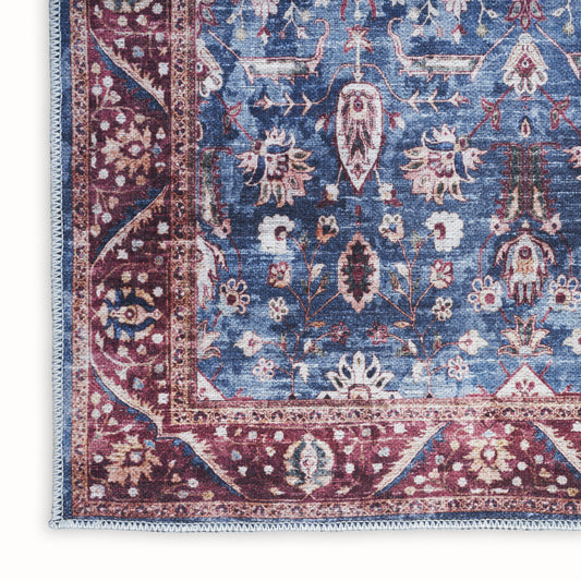 5' X 7' Blue and Red Oriental Power Loom Distressed Washable Non Skid Area Rug-0