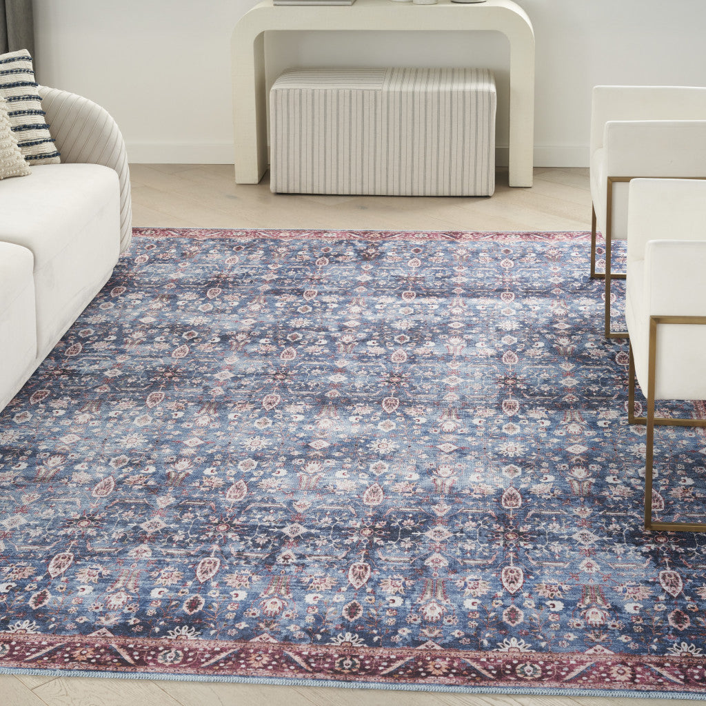 5' X 7' Blue and Red Oriental Power Loom Distressed Washable Non Skid Area Rug-2