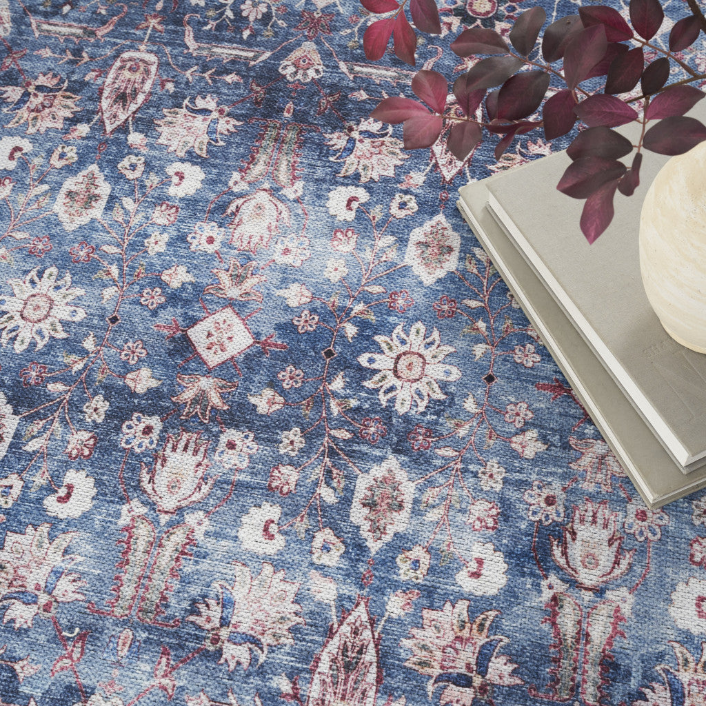 5' X 7' Blue and Red Oriental Power Loom Distressed Washable Non Skid Area Rug-7
