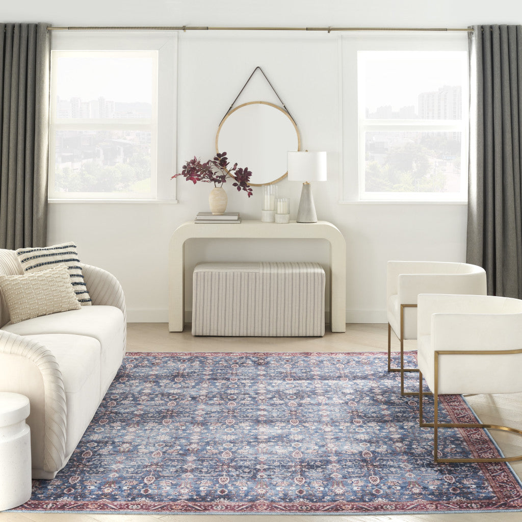 5' X 7' Blue and Red Oriental Power Loom Distressed Washable Non Skid Area Rug-3