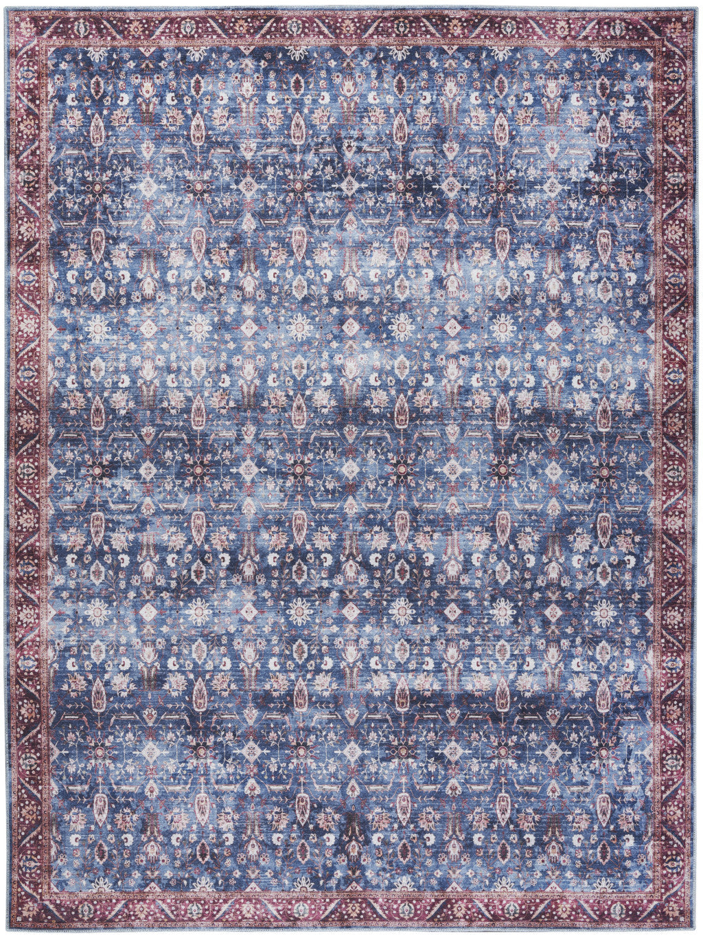 5' X 7' Blue and Red Oriental Power Loom Distressed Washable Non Skid Area Rug-8