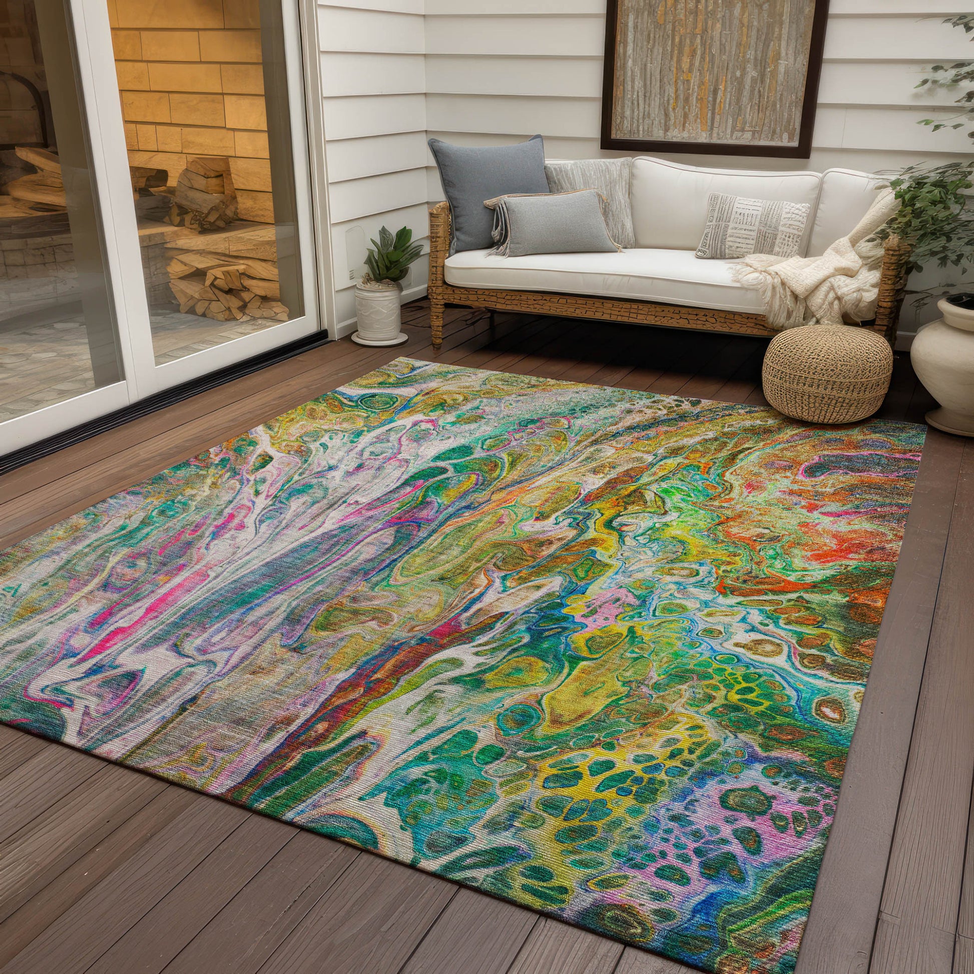 5' X 8' Green Gold And White Abstract Washable Indoor Outdoor Area Rug-7