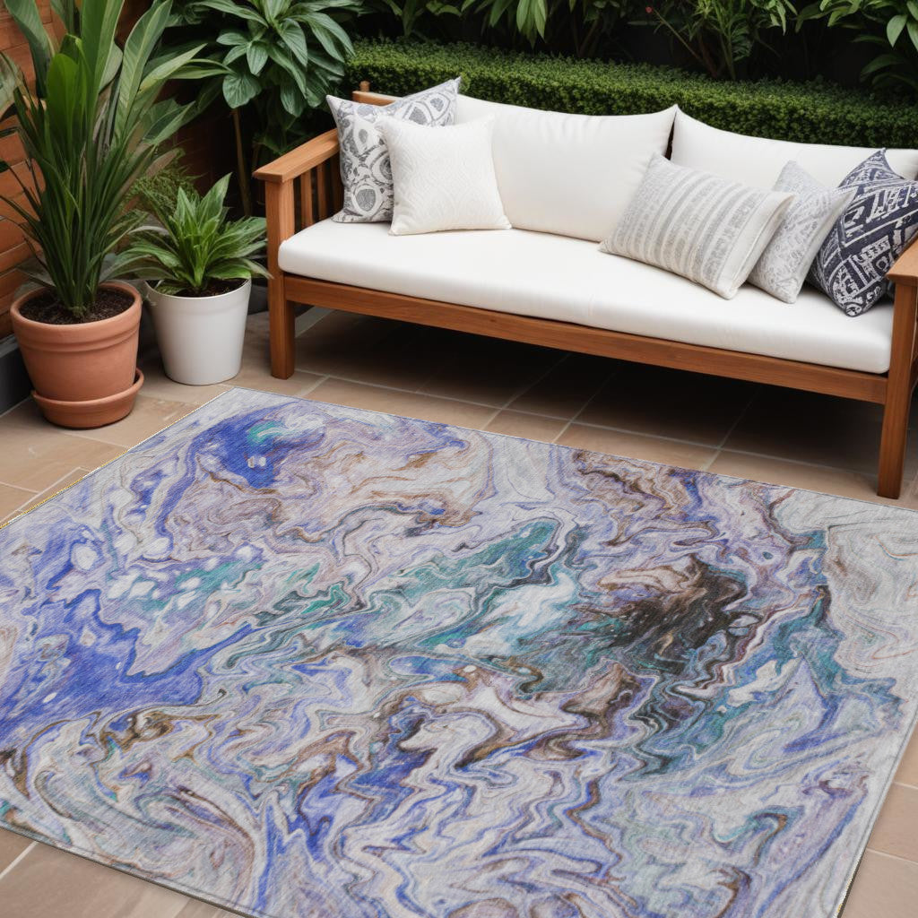 9' X 12' Beige Blue And Taupe Abstract Washable Indoor Outdoor Area Rug-0