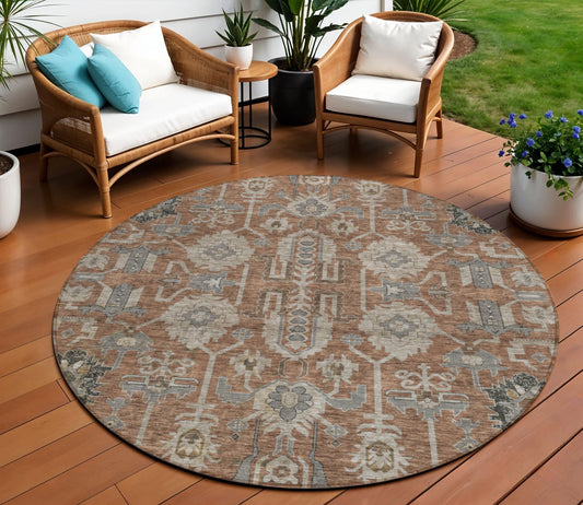 8' Brown Gray And Charcoal Round Oriental Washable Indoor Outdoor Area Rug-0