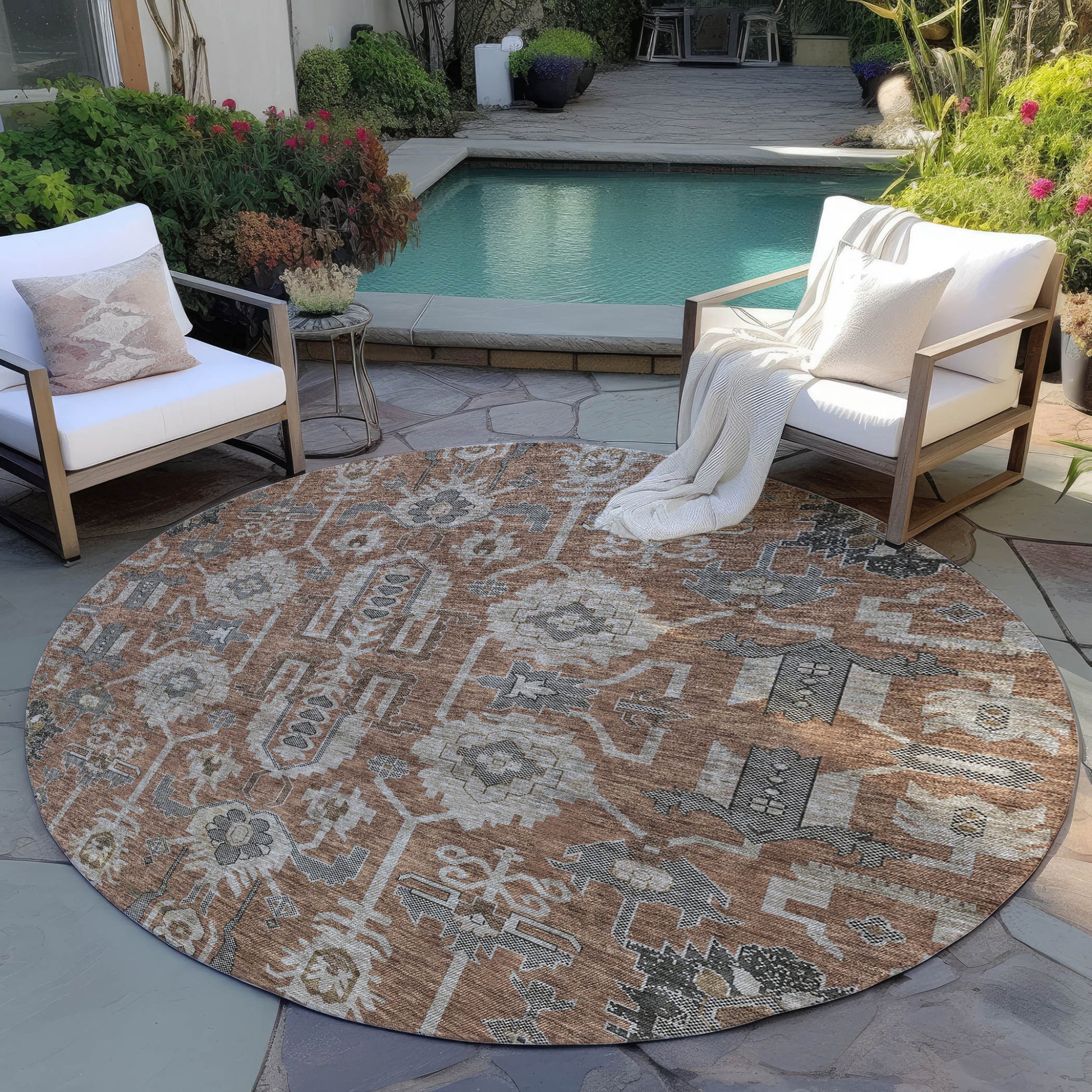 8' Brown Gray And Charcoal Round Oriental Washable Indoor Outdoor Area Rug-6