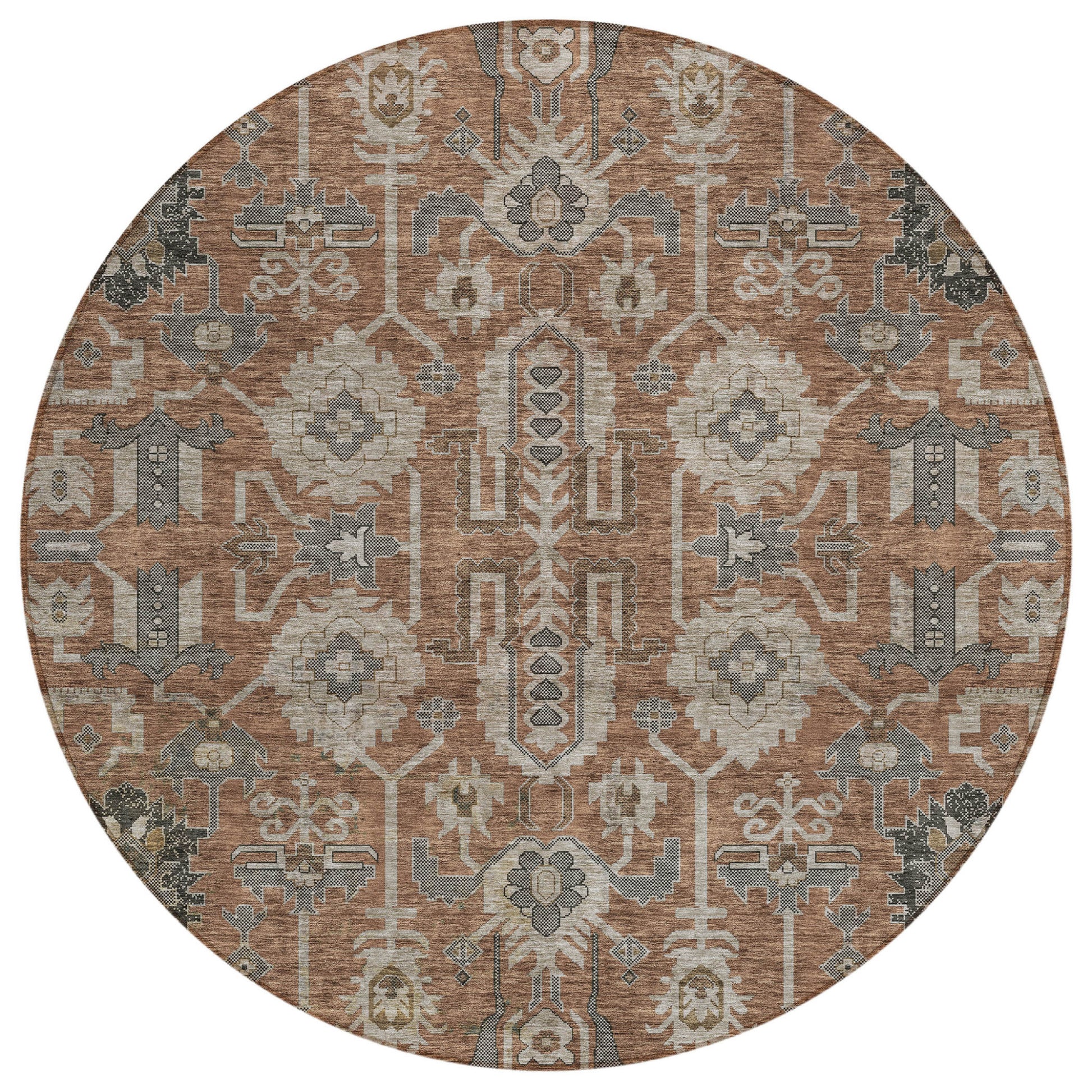 8' Brown Gray And Charcoal Round Oriental Washable Indoor Outdoor Area Rug-1
