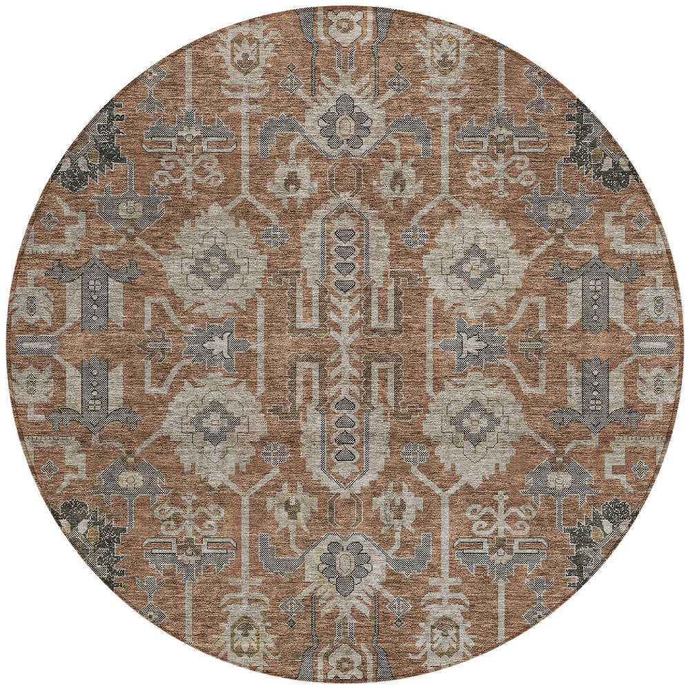 8' Brown Gray And Charcoal Round Oriental Washable Indoor Outdoor Area Rug-4