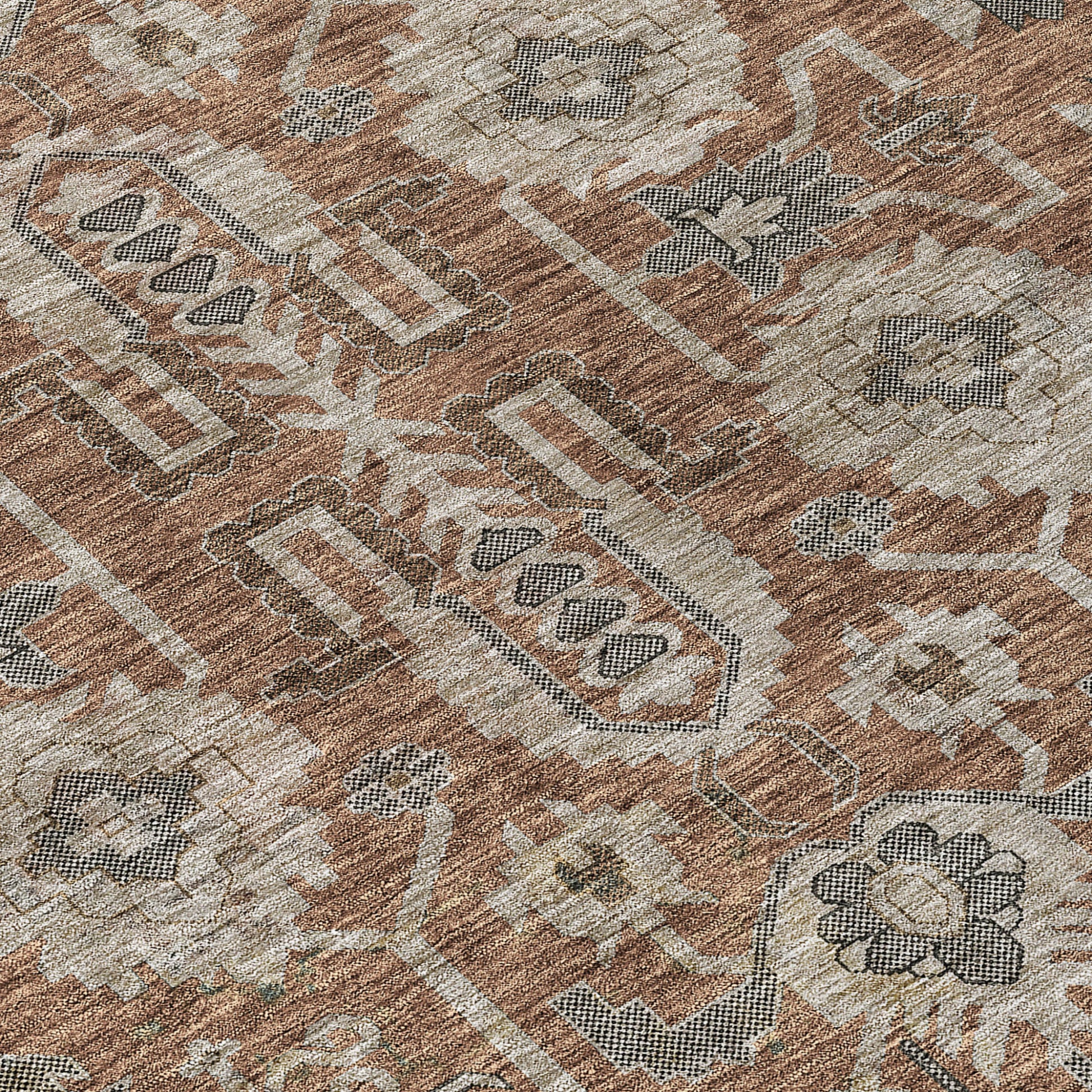 8' Brown Gray And Charcoal Round Oriental Washable Indoor Outdoor Area Rug-3