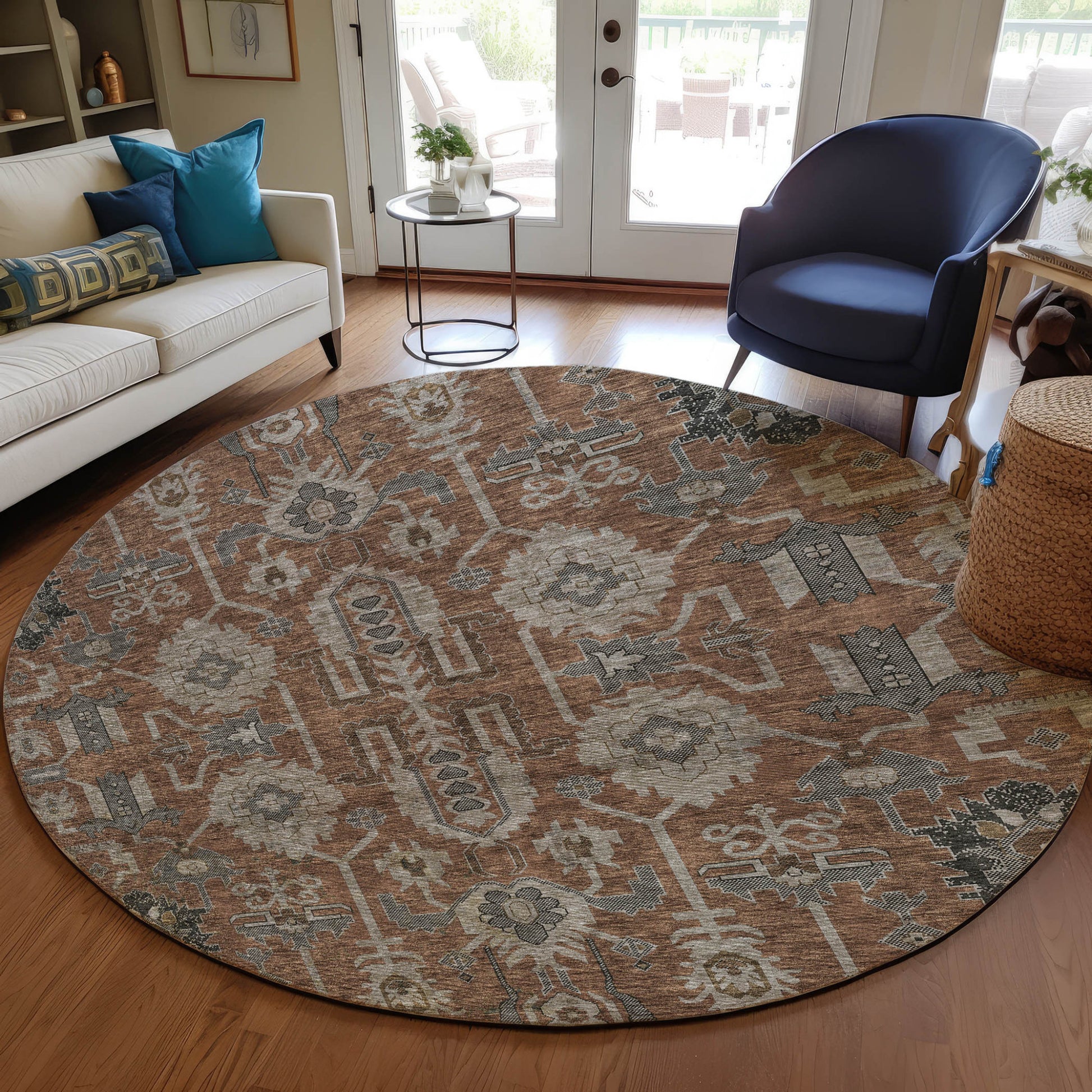8' Brown Gray And Charcoal Round Oriental Washable Indoor Outdoor Area Rug-7