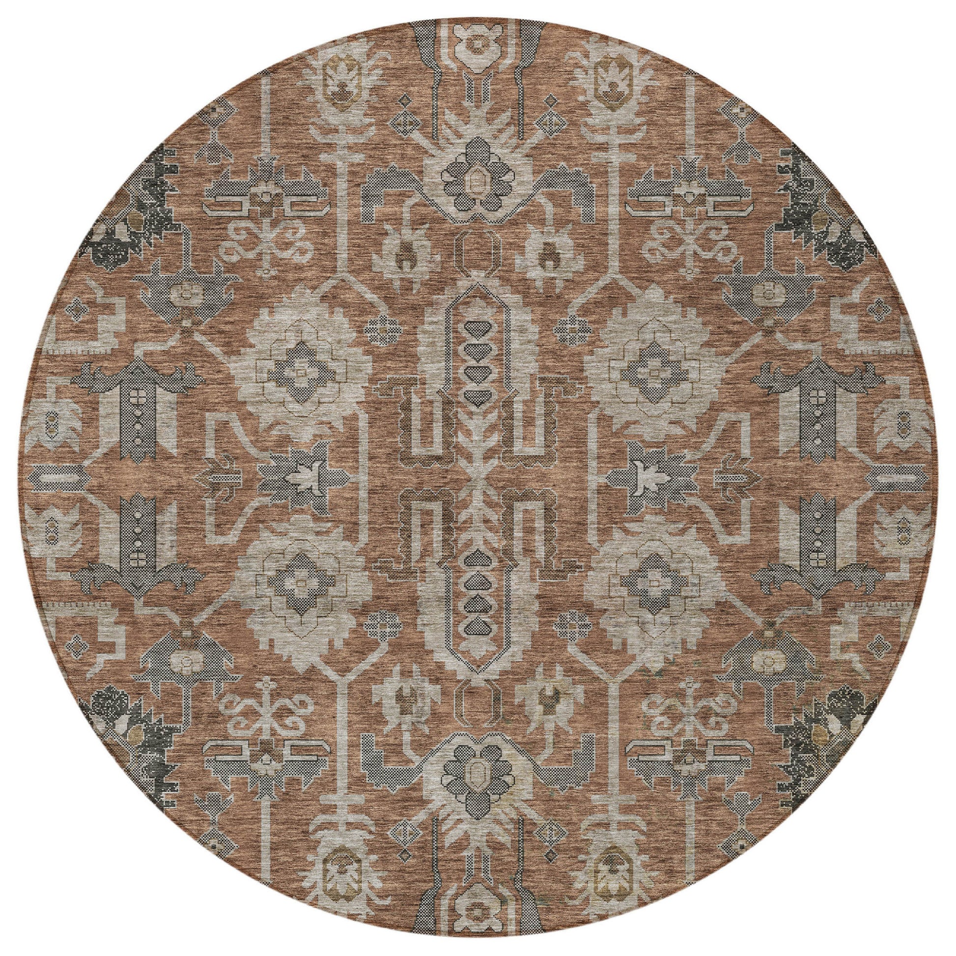 8' Brown Gray And Charcoal Round Oriental Washable Indoor Outdoor Area Rug-5