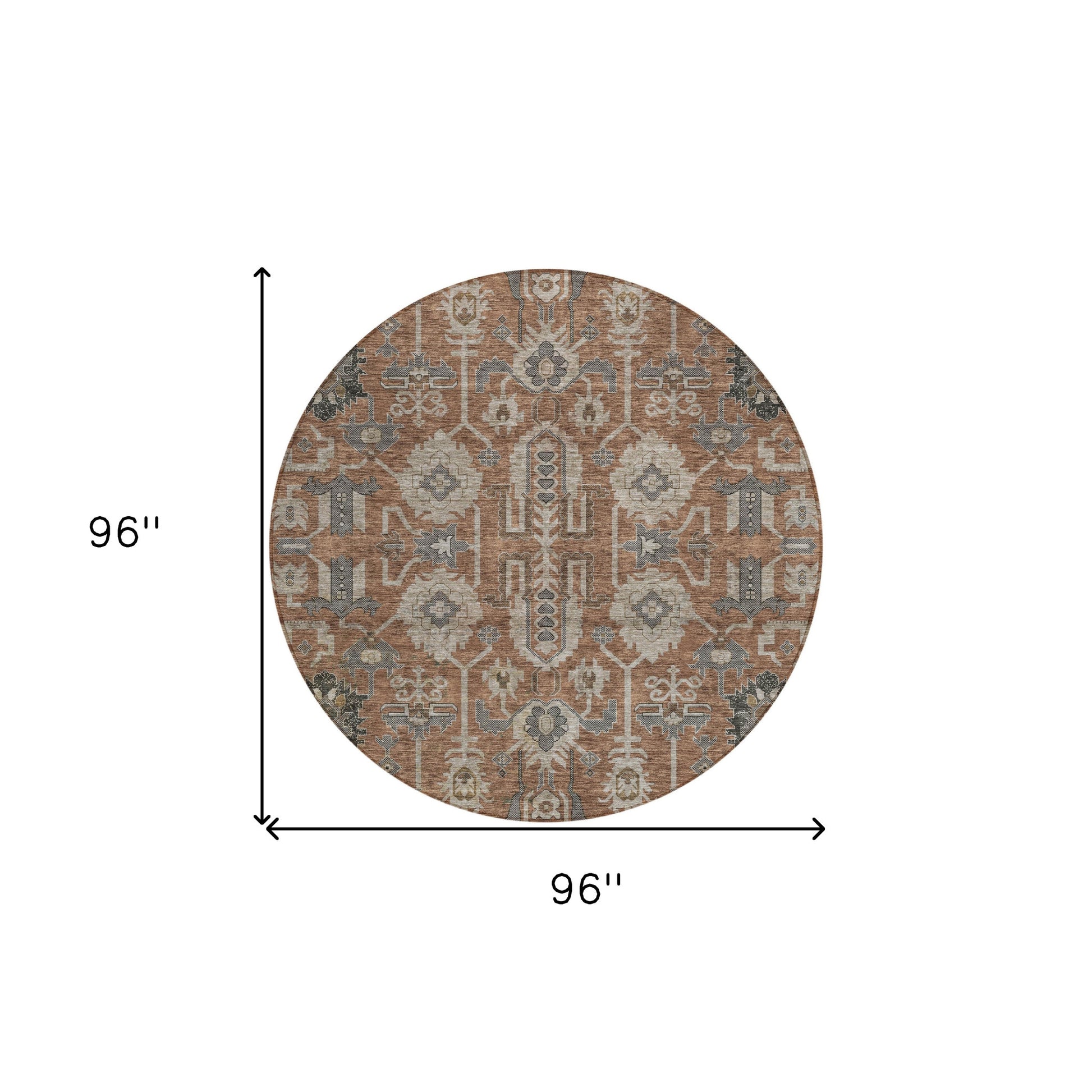 8' Brown Gray And Charcoal Round Oriental Washable Indoor Outdoor Area Rug-2