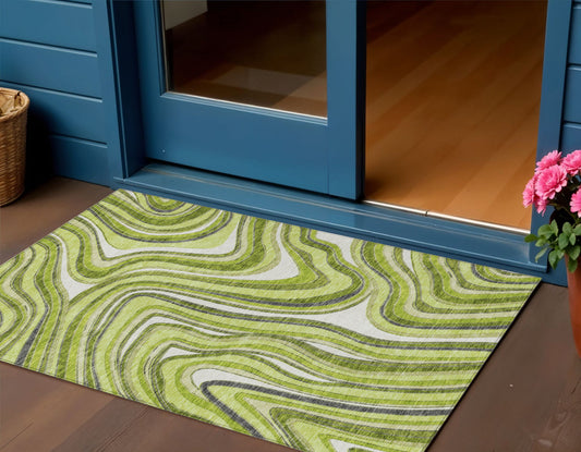 3' X 5' Lime Green And Charcoal Abstract Washable Indoor Outdoor Area Rug-0