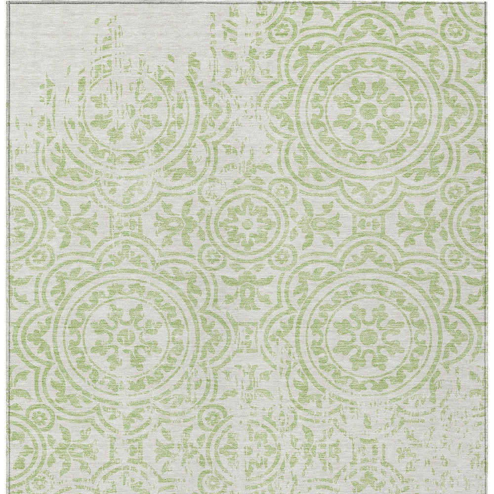 3' X 5' Artichoke Green And Ivory Medallion Washable Indoor Outdoor Area Rug-5