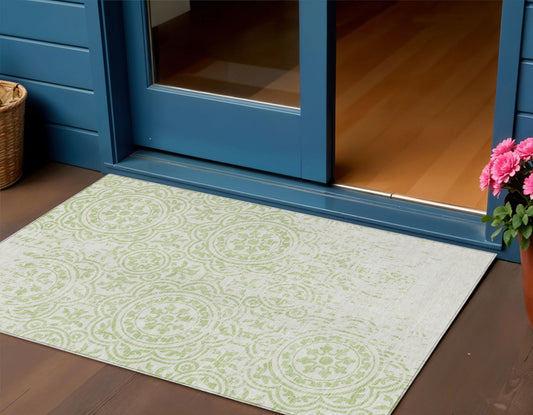 3' X 5' Artichoke Green And Ivory Medallion Washable Indoor Outdoor Area Rug-0