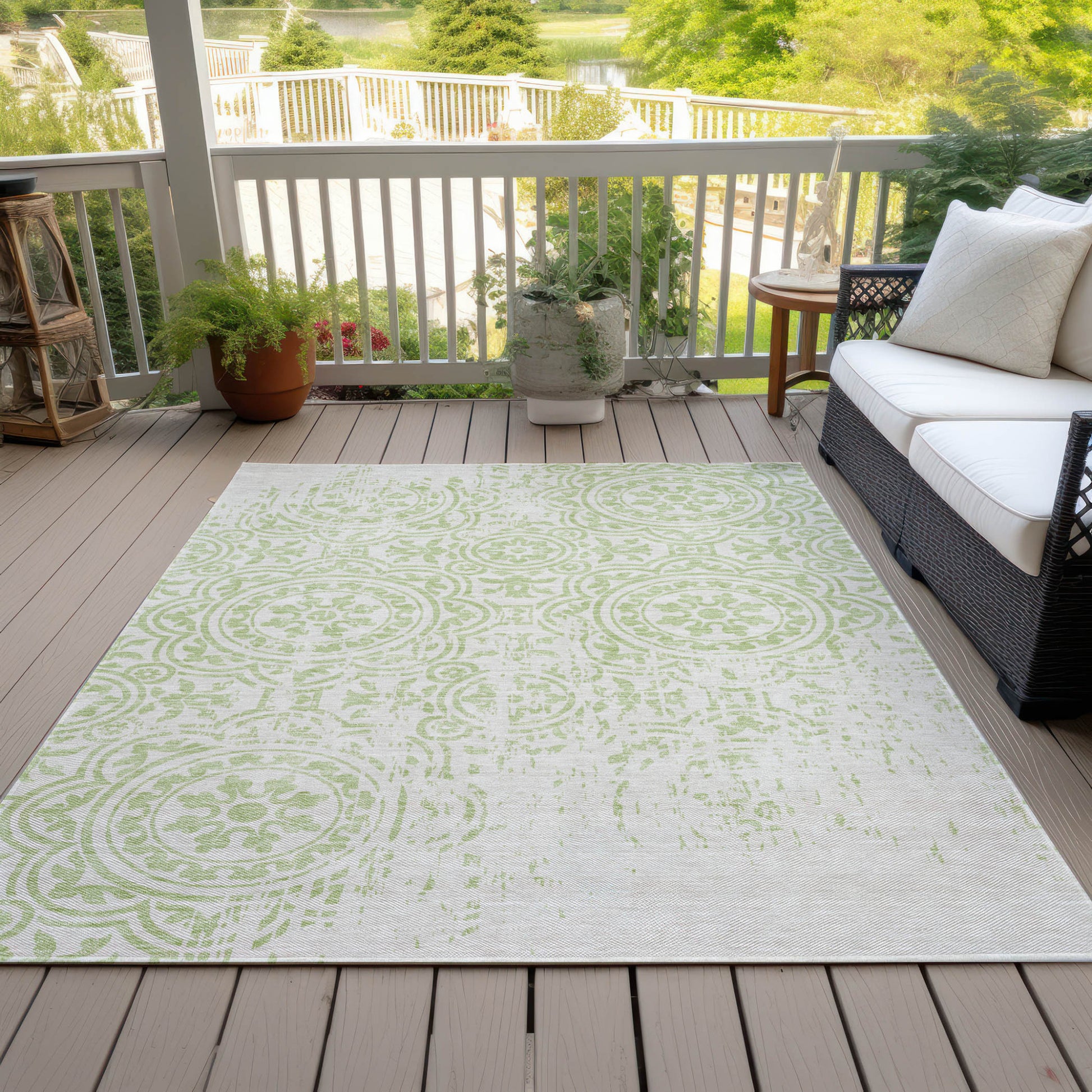 3' X 5' Artichoke Green And Ivory Medallion Washable Indoor Outdoor Area Rug-6