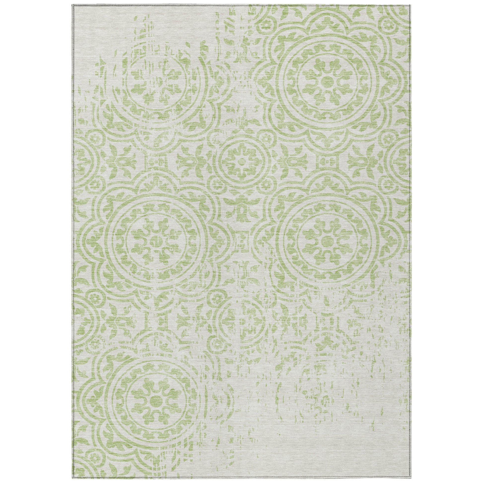 3' X 5' Artichoke Green And Ivory Medallion Washable Indoor Outdoor Area Rug-1