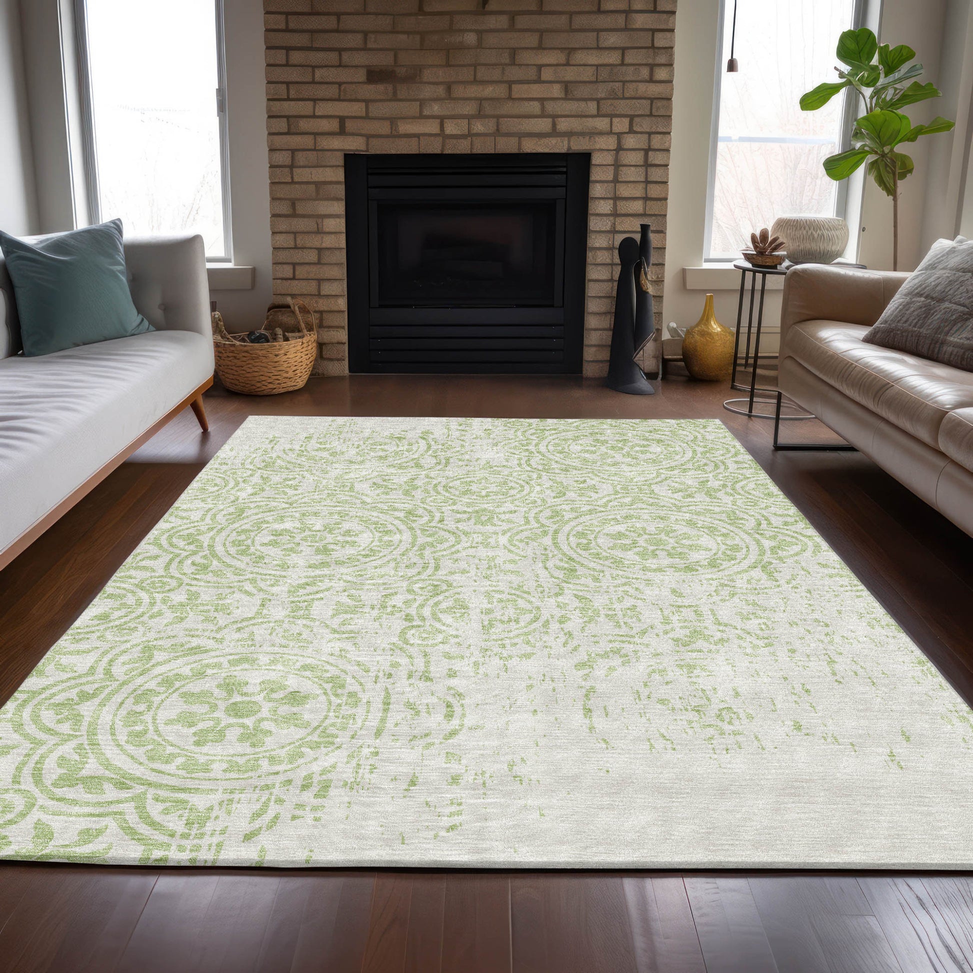 3' X 5' Artichoke Green And Ivory Medallion Washable Indoor Outdoor Area Rug-7