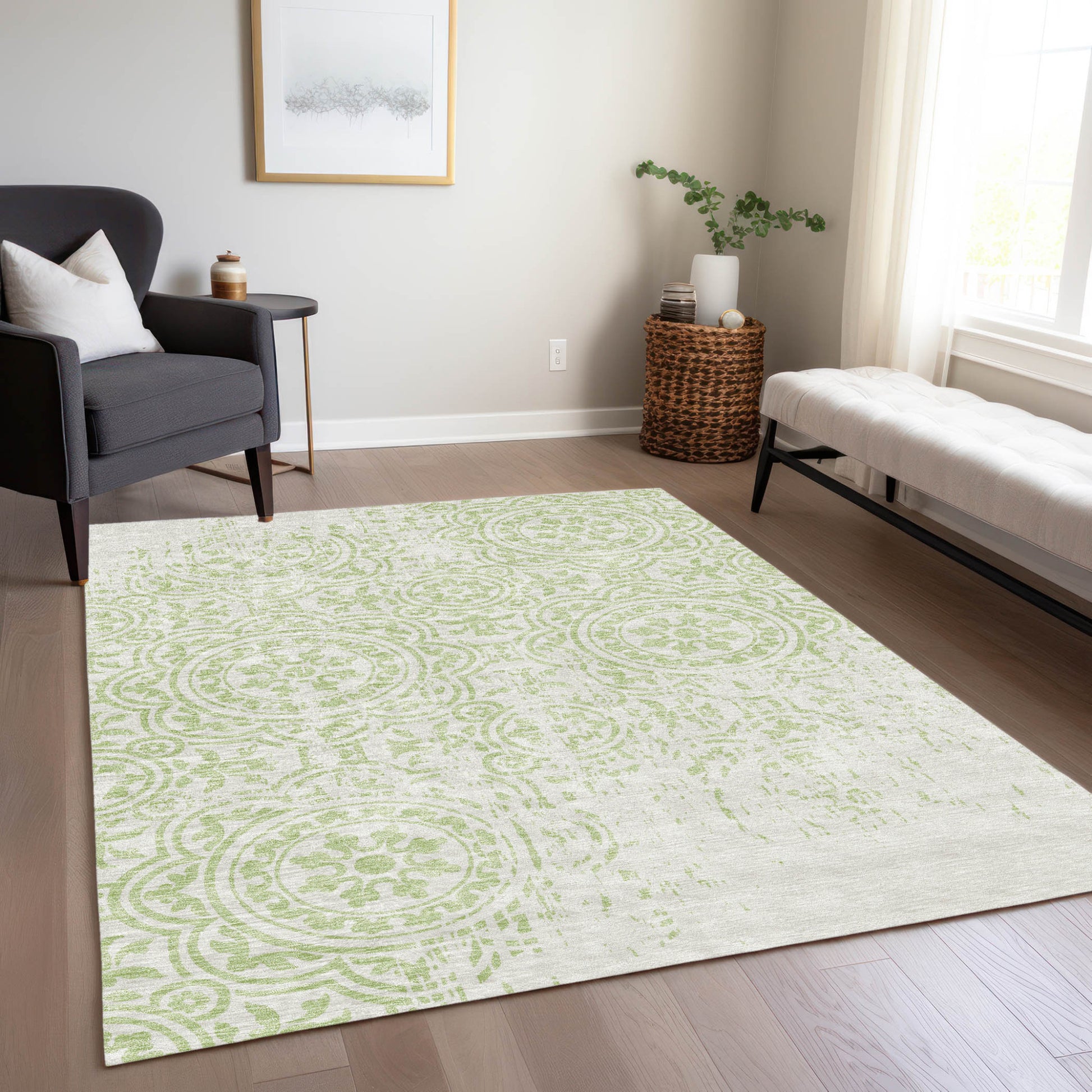 3' X 5' Artichoke Green And Ivory Medallion Washable Indoor Outdoor Area Rug-8