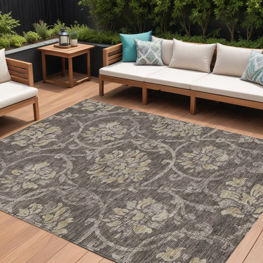 10' X 14' Brown Beige And Taupe Floral Washable Indoor Outdoor Area Rug-0