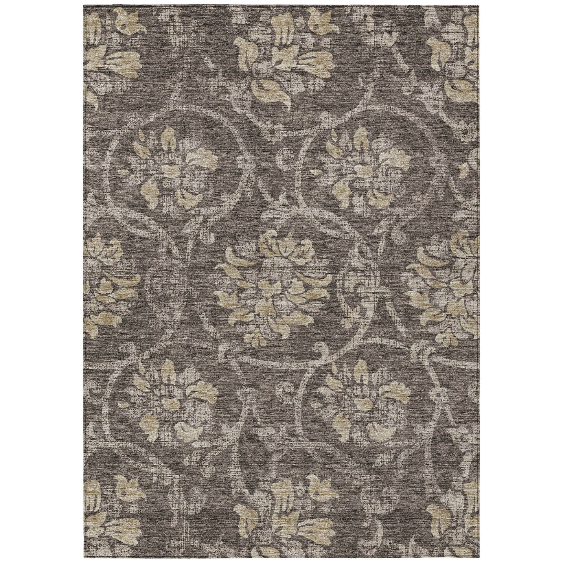 10' X 14' Brown Beige And Taupe Floral Washable Indoor Outdoor Area Rug-1