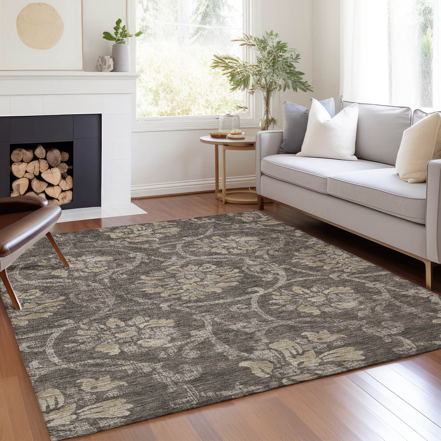 10' X 14' Brown Beige And Taupe Floral Washable Indoor Outdoor Area Rug-8