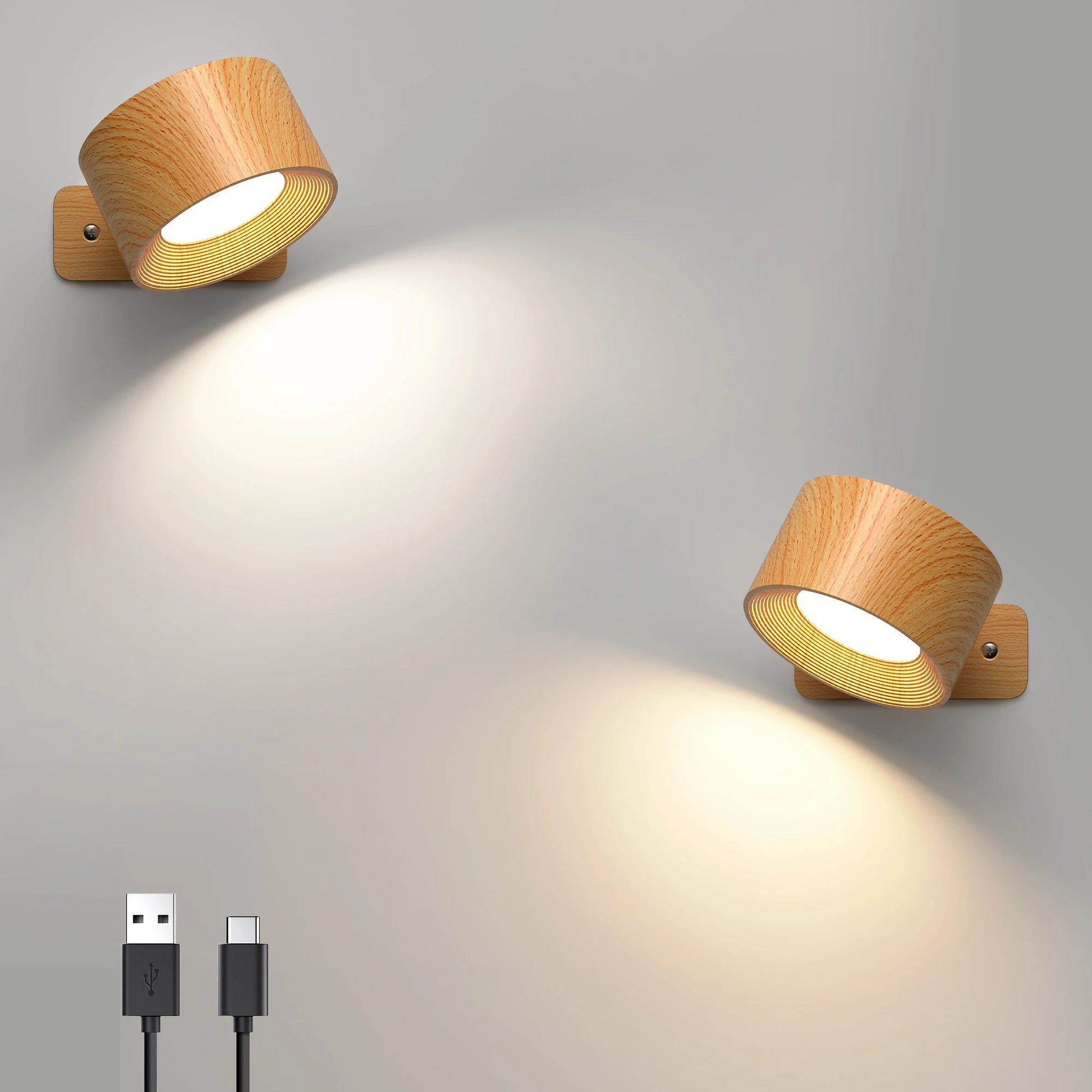 Wooden LED Wall Sconce with 360° Rotation, Dimmable Magnetic Touch Control, and Rechargeable Battery Operation