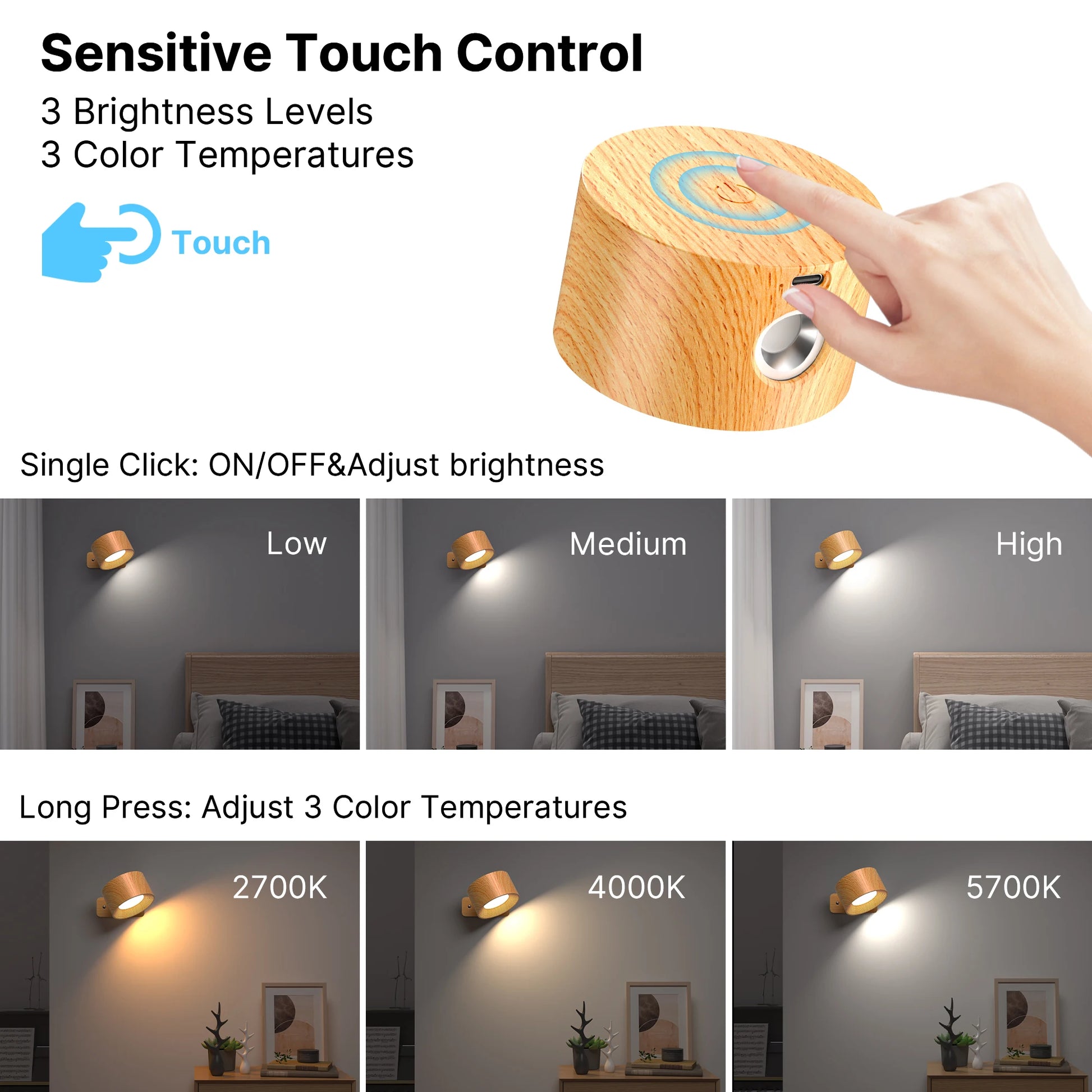 Wooden LED Wall Sconce with 360° Rotation, Dimmable Magnetic Touch Control, and Rechargeable Battery Operation