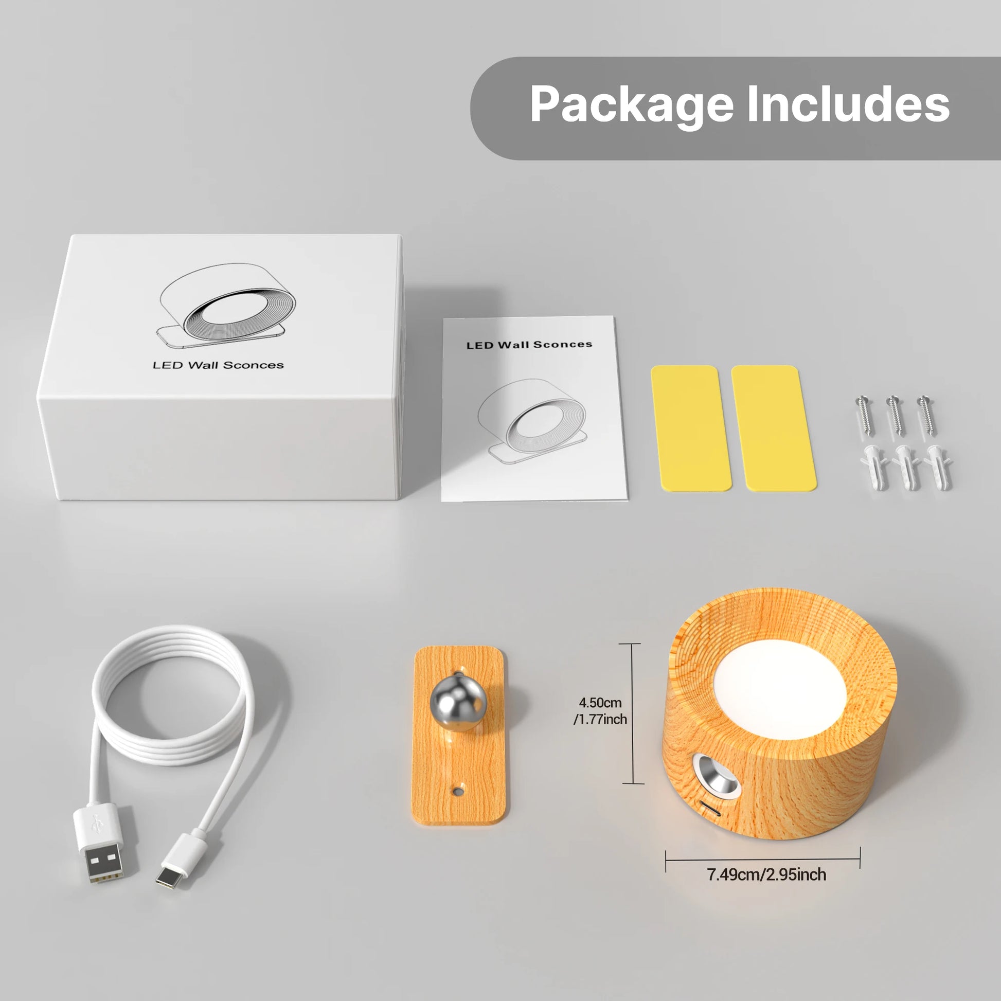 Wooden LED Wall Sconce with 360° Rotation, Dimmable Magnetic Touch Control, and Rechargeable Battery Operation