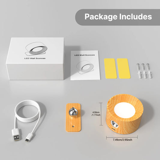 Wooden LED Wall Sconce with 360° Rotation, Dimmable Magnetic Touch Control, and Rechargeable Battery Operation
