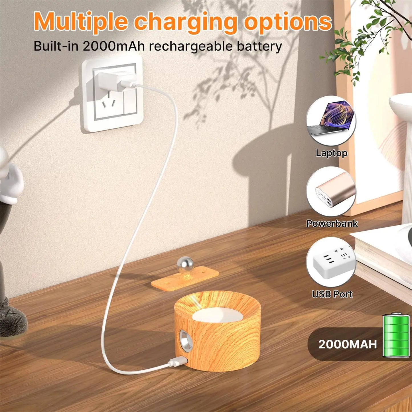 Wooden LED Wall Sconce with 360° Rotation, Dimmable Magnetic Touch Control, and Rechargeable Battery Operation